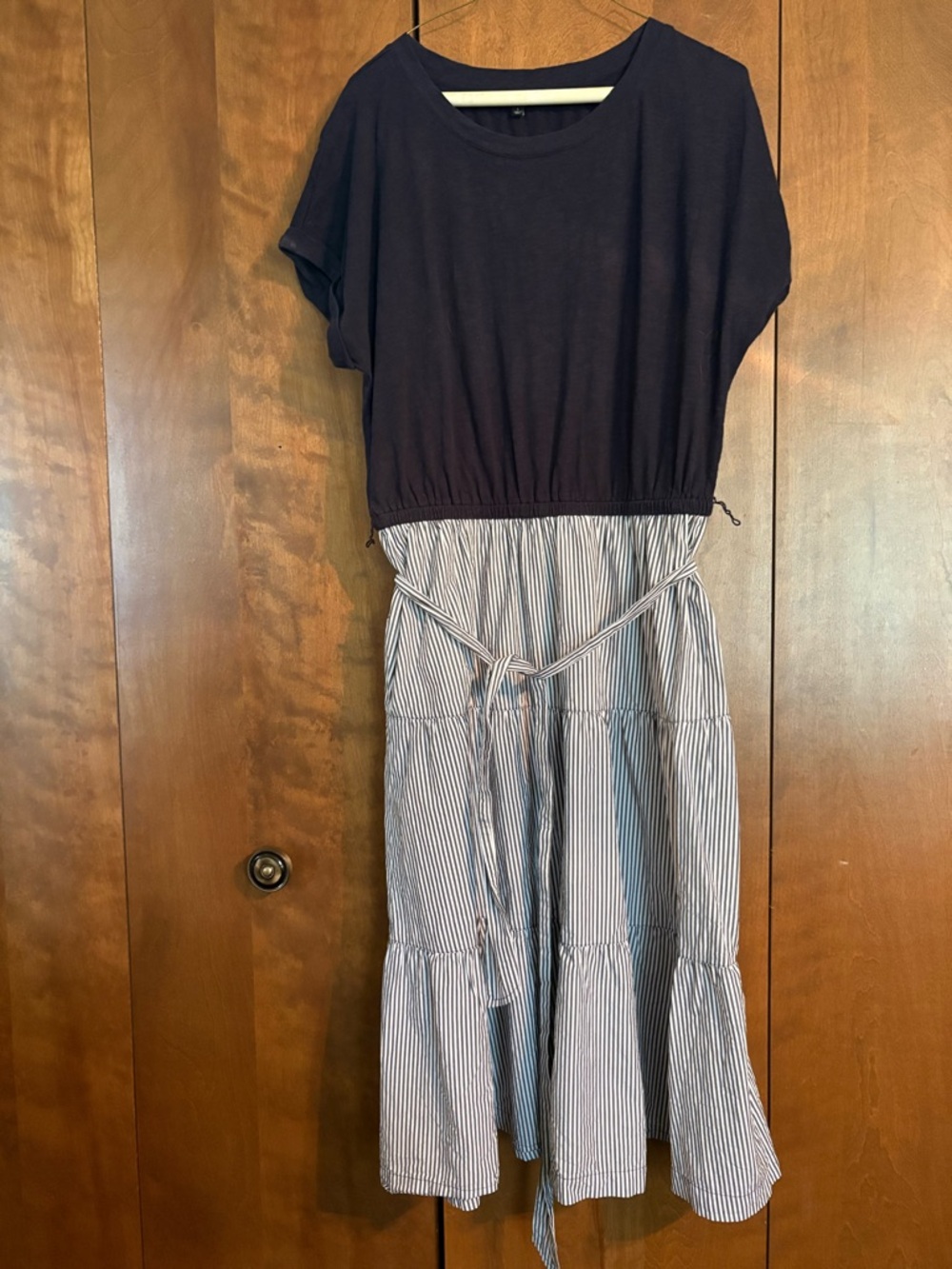 Talbots Dress Navy Top with Striped Flounced Skirt.